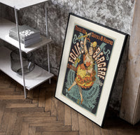 Dancing woman on trapeze poster in a black frame leaning beside a shelf in a raw-plaster loft