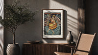 Dancing woman on trapeze poster framed above a fluted sideboard beside an olive tree