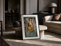 Dancing woman on trapeze print in a black frame leaning on a travertine table in a sunlit lounge