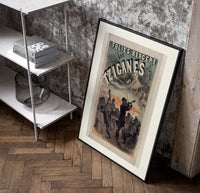 Gypsy musicians playing violin poster in a black frame leaning beside a shelf in a raw-plaster loft