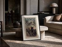 Gypsy musicians playing violin print in a black frame leaning on a travertine table in a sunlit lounge
