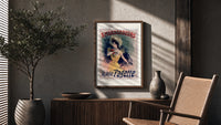 Elegant woman in yellow dress poster framed above a fluted sideboard beside an olive tree