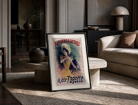 Elegant woman in yellow dress print in a black frame leaning on a travertine table in a sunlit lounge