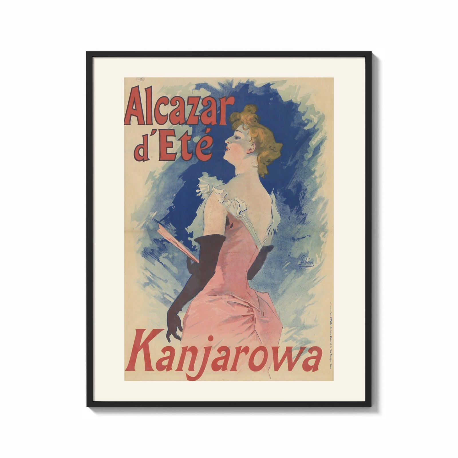 Framed Elegant woman in pink dress print shown as a bold statement piece on a clean gallery wall
