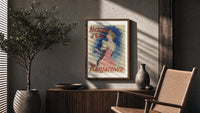 Elegant woman in pink dress poster framed above a fluted sideboard beside an olive tree