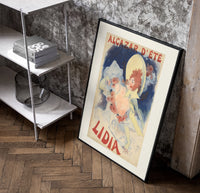 Woman in yellow hat with roses poster in a black frame leaning beside a shelf in a raw-plaster loft