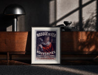 Black-framed Man in red cloak holding iron mask print on a moody console with designer coffee-table books