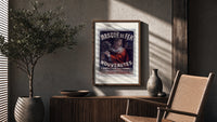 Man in red cloak holding iron mask poster framed above a fluted sideboard beside an olive tree