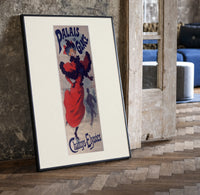 Woman ice skating in red dress print in a black frame leaning beside a vintage door on parquet