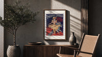 Dancing woman in yellow dress poster framed above a fluted sideboard beside an olive tree