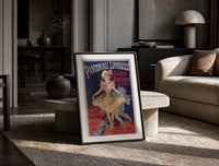 Dancing woman in yellow dress print in a black frame leaning on a travertine table in a sunlit lounge