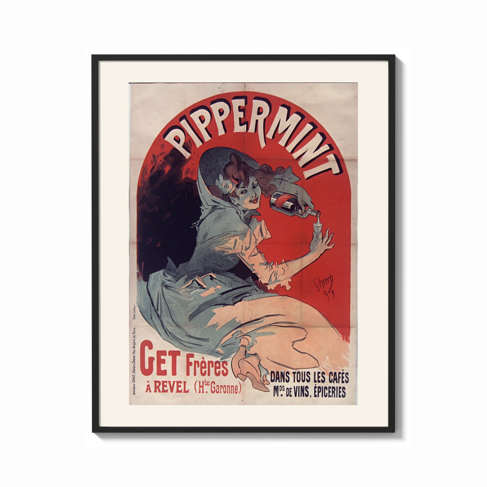 Framed Woman pouring liqueur into glass print shown as a bold statement piece on a clean gallery wall