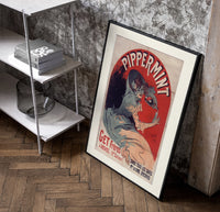 Woman pouring liqueur into glass poster in a black frame leaning beside a shelf in a raw-plaster loft