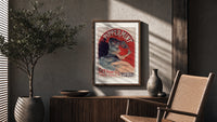 Woman pouring liqueur into glass poster framed above a fluted sideboard beside an olive tree
