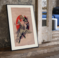 Woman with wine glass and cat print in a black frame leaning beside a vintage door on parquet