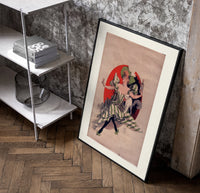 Woman with wine glass and cat poster in a black frame leaning beside a shelf in a raw-plaster loft