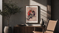 Woman with wine glass and cat poster framed above a fluted sideboard beside an olive tree