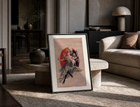 Woman with wine glass and cat print in a black frame leaning on a travertine table in a sunlit lounge