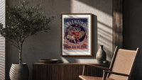 Costumed dancers at masquerade ball poster framed above a fluted sideboard beside an olive tree