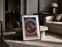 Costumed dancers at masquerade ball print in a black frame leaning on a travertine table in a sunlit lounge