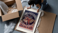 Costumed dancers at masquerade ball framed print being unpacked from protective bubble wrap and a box