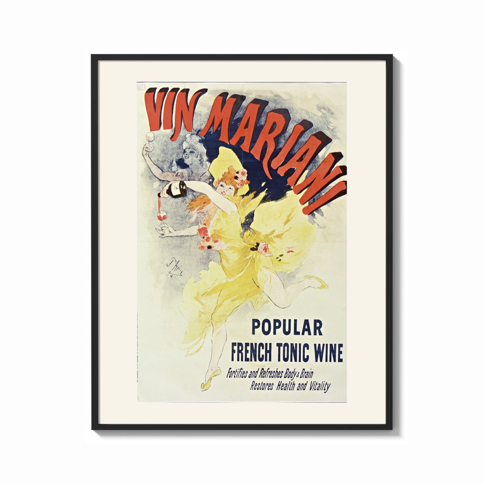 Framed Woman dancing pouring wine print shown as a bold statement piece on a clean gallery wall