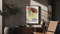 Woman dancing pouring wine poster framed above a fluted sideboard beside an olive tree