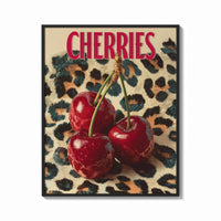 Framed Cherries on Leopard print shown as a bold statement piece on a clean gallery wall