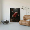 Michael Jordan's iconic dunk pose captured in vibrant art, perfect for basketball fans.