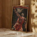 Powerful artwork of Michael Jordan dunking towards the basket, radiating action and energy.
