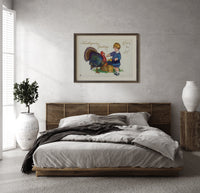 Child and Turkey Wishing You Joy print in a wood frame above a bed with a woven cane headboard