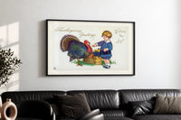 Child and Turkey Wishing You Joy print in a black frame above a black leather sofa on a white wall