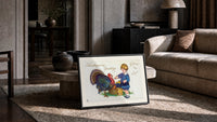 Child and Turkey Wishing You Joy print in a black frame leaning on a rug beside a beige sofa
