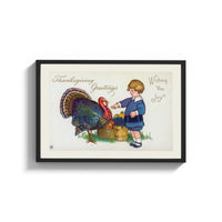 Framed Child and Turkey Wishing You Joy print shown as a wide statement piece on a clean white wall