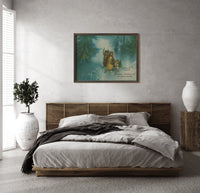 Children Christmas Greeting print in a wood frame above a bed with a woven cane headboard