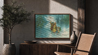 Children Christmas Greeting print in a walnut frame above a fluted sideboard and cane chair