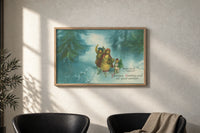 Children Christmas Greeting print in an oak frame on a sunlit wall above two leather armchairs