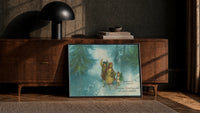 Children Christmas Greeting print in a black frame leaning against a walnut sideboard