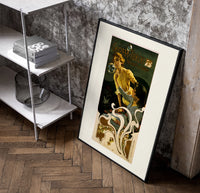 Two women blowing soap bubbles poster in a black frame leaning beside a shelf in a raw-plaster loft