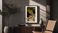 Two women blowing soap bubbles poster framed above a fluted sideboard beside an olive tree