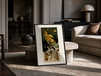 Two women blowing soap bubbles print in a black frame leaning on a travertine table in a sunlit lounge