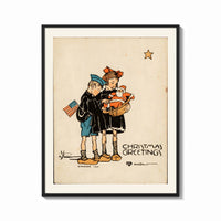 Framed Two children holding Santa doll print shown as a bold statement piece on a clean gallery wall