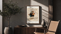 Two children holding Santa doll poster framed above a fluted sideboard beside an olive tree