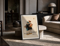 Two children holding Santa doll print in a black frame leaning on a travertine table in a sunlit lounge