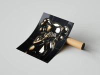 Chrome gold KAWS companion in a see-no-evil pose on black marble tile, print unrolled beside a cardboard shipping tube