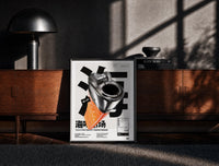 Black-framed Chrome Salmon Lighter Seafood Market print on the floor in front of a dark wooden console