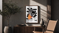 Chrome Salmon Lighter Seafood Market poster framed above a fluted sideboard beside a potted tree