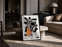 Chrome Salmon Lighter Seafood Market print on the floor, leaning against a travertine table
