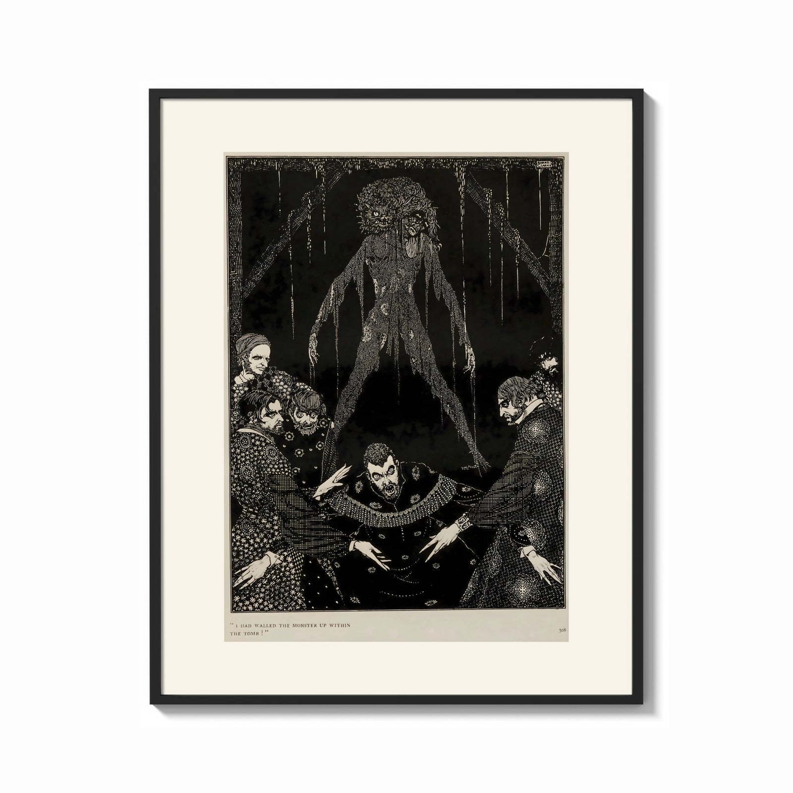 Framed Ghostly figure looming over frightened men print shown as a bold statement piece on a clean gallery wall