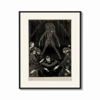 Framed Ghostly figure looming over frightened men print shown as a bold statement piece on a clean gallery wall